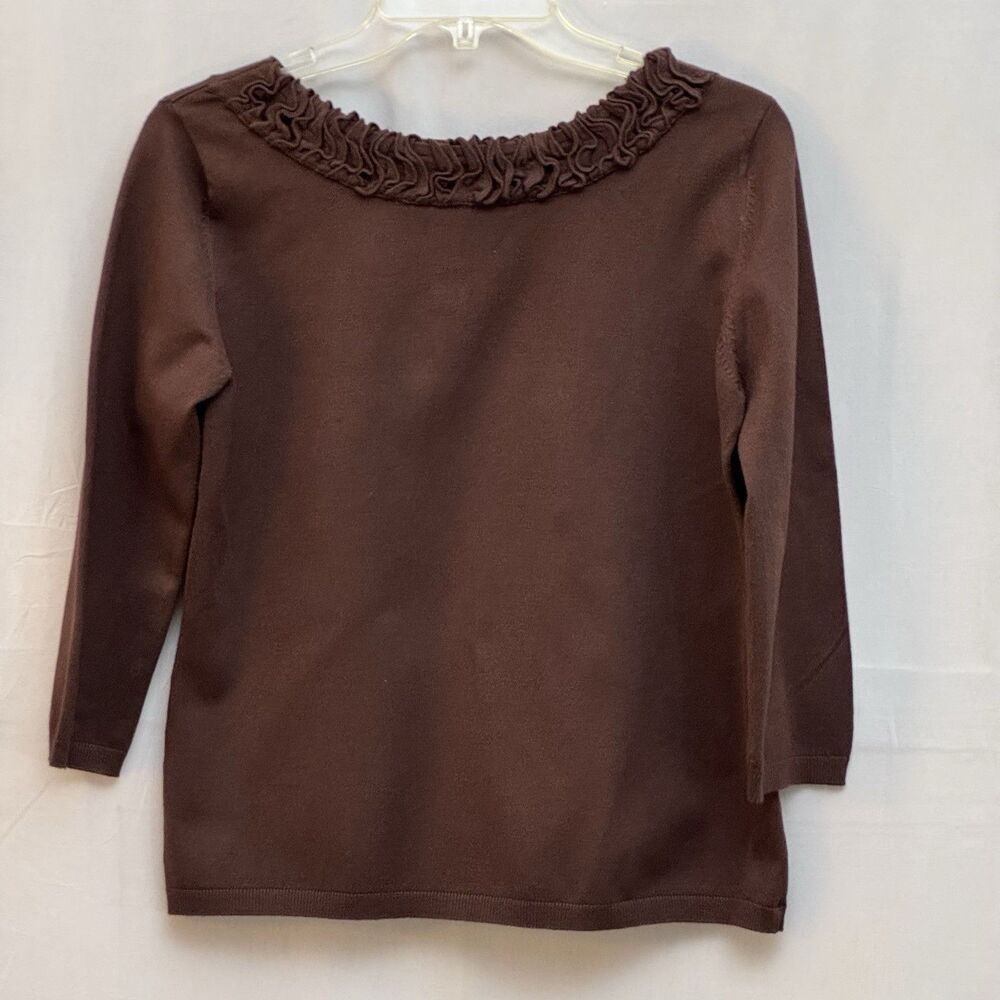 Joseph A Sweater Womens L Brown Ruffle Neck 3/4 Sleeve Knit Top Romantic